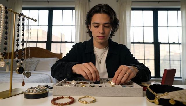 Young man arranging rings and bracelets in felt jewelry tray on bedroom table