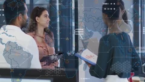 Global Business Professionals Discussing Strategy with Data Visualization