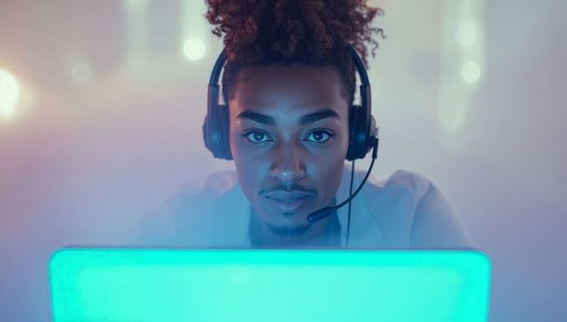 Professional man with headset engaged in virtual communication