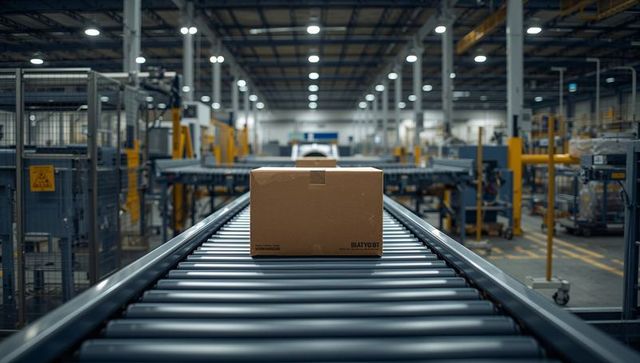 Automated warehouse conveyor transporting sealed cardboard box through fulfillment center