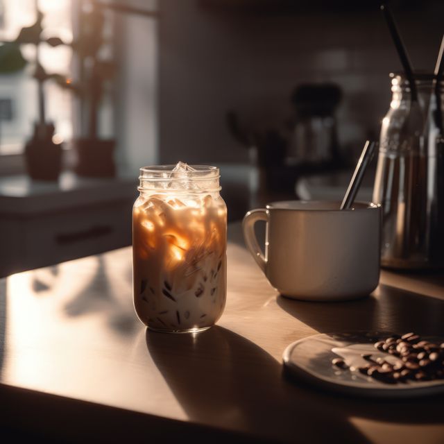 Glass of iced cafe latte on wooden counter in sun, created using generative ai technology. Coffee, summer, cafe, drinks and refreshments concept digitally generated image.