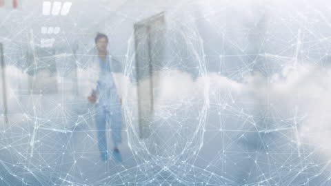 Doctor Navigating Digital Network in Futuristic Hospital Environment