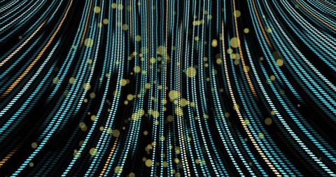 Flowing turquoise and gold dotted light curtain bokeh depth neon curves and particles