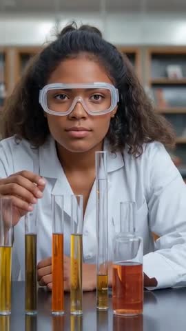 Student Wearing Goggles Steadying Test Tubes While Conducting Chemistry Experiment Vertical Video