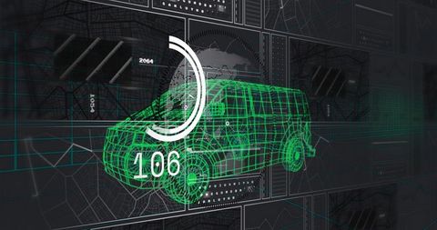 Rotating Wireframe Van with Digital Gauge and Holographic CAD Interface for Vehicle Design