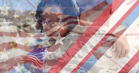 Father in Military Uniform Embracing Child, USA Flag Overlay - Download Free Stock Images Pikwizard.com