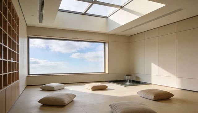 Sunlit minimalist meditation room with skylight, wide framed sea view window and fountain