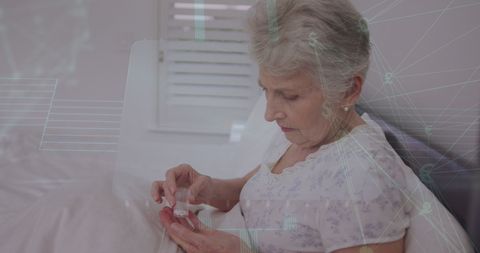Elderly Woman Managing Medication with Digital Overlay Illustrations