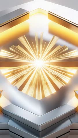 Vertical sci-fi hexagonal reactor energizing with radiant golden core in futuristic lab