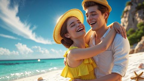 Joyful cute couple embracing on sunny coastal vacation