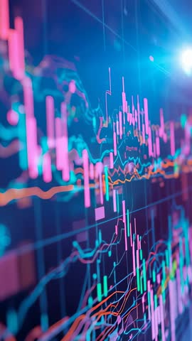 Vertical video showing neon financial data visualization with pulsing candlesticks and trend lines