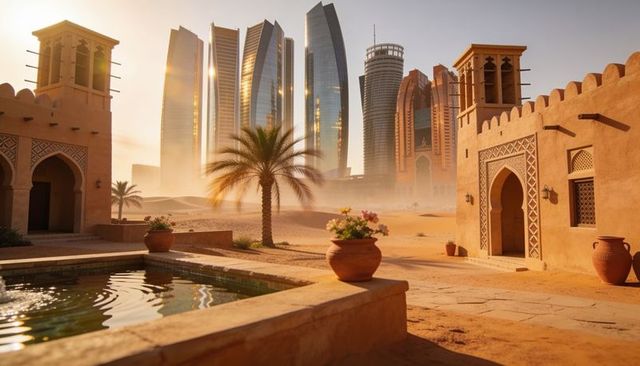 Desert courtyard with reflecting pool, windtowers and futuristic skyline in warm light