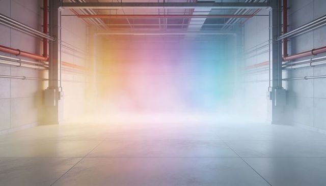 Industrial Warehouse Bay Filling with Pastel Mist and Gradient Haze over Polished Concrete