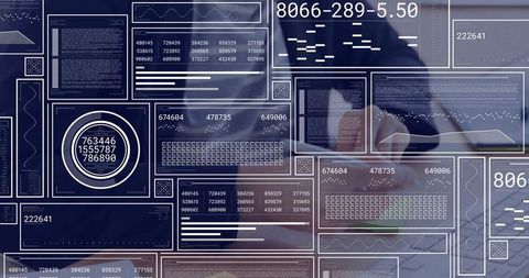 Businesswoman Typing with Data Interface Overlay at Office Desk