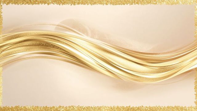 Flowing layered gold ribbons on champagne background with glitter border for luxury design