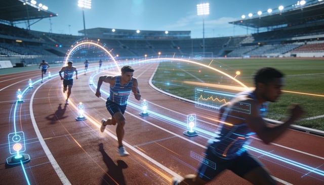 Sprinters competing with augmented reality performance tracking on lit stadium track