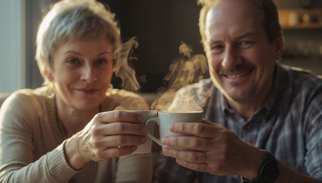 Middle-aged couple sharing morning coffee toast with steaming mugs, cozy intimate moment