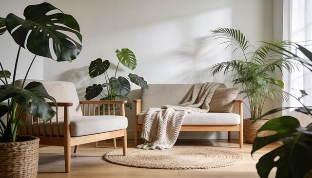 Scandinavian living room with wooden sofa and armchair, lush indoor plants, natural light