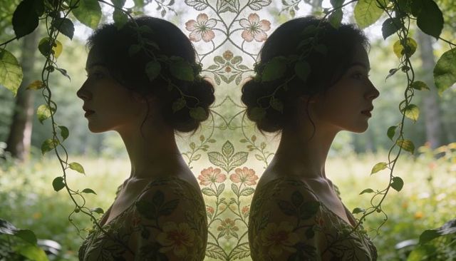 Twin silhouette profiles framed by embroidered sheer panel and cascading vines in sunlit meadow