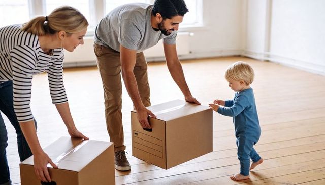 Young family moving into new home with toddler exploring cardboard boxes