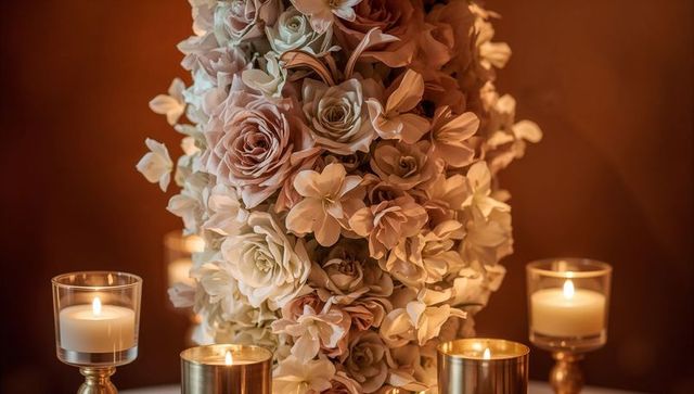 Rose Cascade Centerpiece with Candlelight and Gold Votives for Elegant Reception
