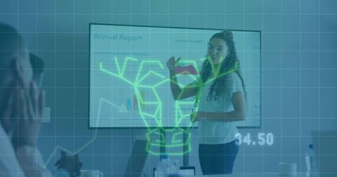 Presenting woman pointing at annual report with holographic brain data overlay in boardroom