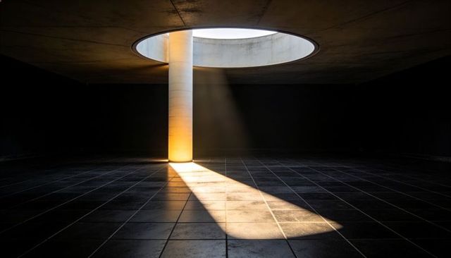Sunlit oculus casting dramatic beam on concrete column and tiled floor, minimalist space