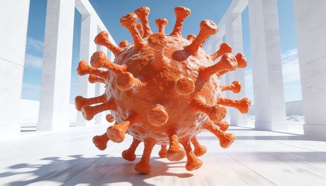 Glossy orange spiked orb dominating white marble colonnade, reflecting bright daylight