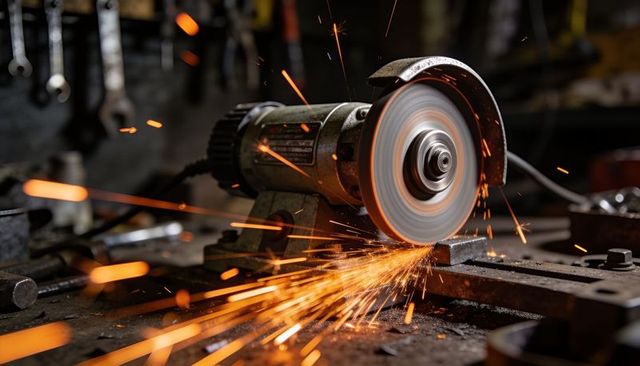 Angle grinder grinding metal and throwing bright orange sparks on cluttered workshop bench