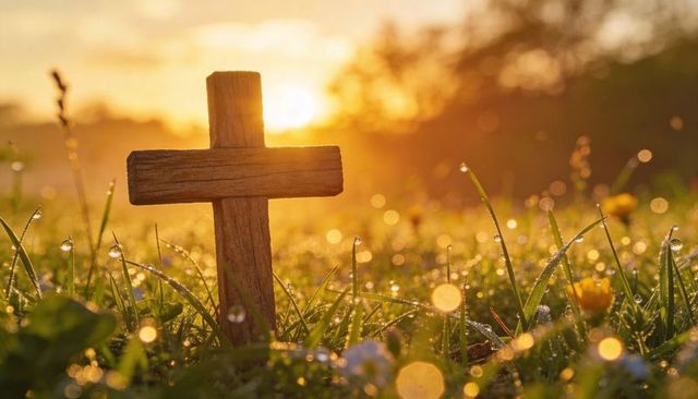 Weathered wooden cross standing in dewy meadow at golden sunrise with warm bokeh