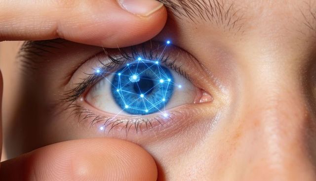 Close-up blue iris with biometric scan overlay, fingertips holding eyelid open