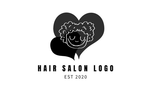 Stylized hair salon logo featuring a smiling face with curly hair overlaid on two black hearts. Includes 'EST 2020' text. Ideal for branding hairdressing services, beauty parlors, and stylist businesses. Can be used on business cards, shop signage, and promotional materials.
