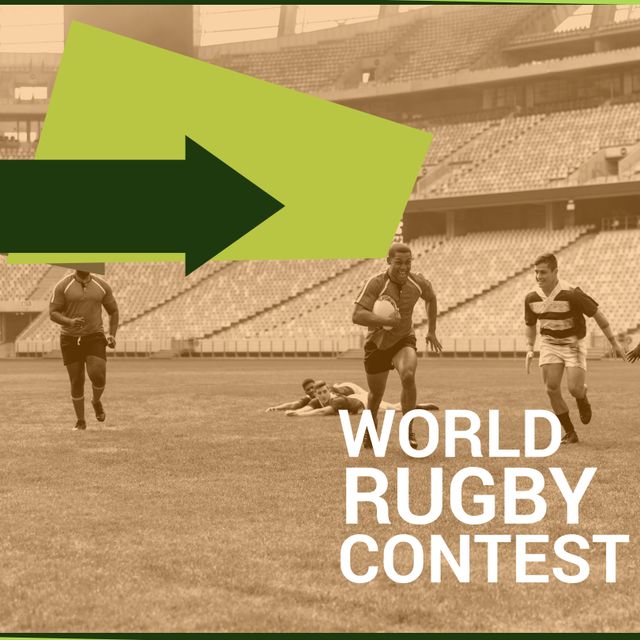 This image features the text 'World Rugby Contest' overlaid on a sepia-toned photo of diverse rugby players running on a field. Perfect for advertising rugby events, promoting sports contests, or illustrating articles related to rugby tournaments.