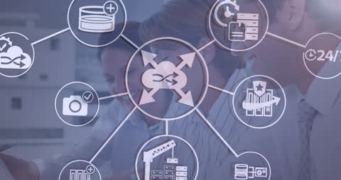 Team Collaborating with Digital Icons Overlay in Office Setting