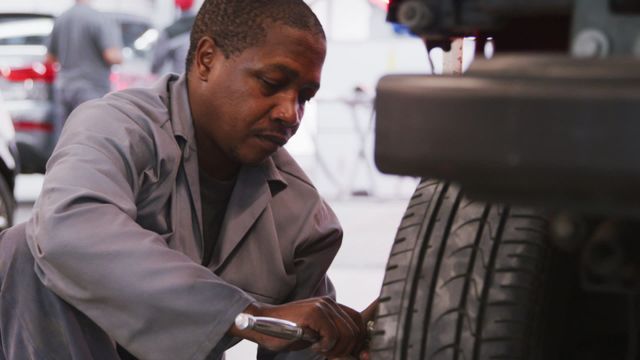 A mechanic is intently tightening a wheel in an auto workshop. His focus underscores the professionalism and attention to detail required in car maintenance tasks. This visual is ideal for use in articles or websites related to automotive repair, mechanical training, or service industry promotions.