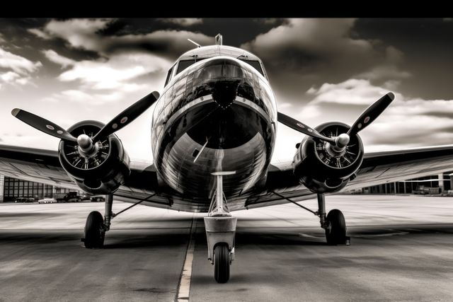 Vintage propeller airplane captured in black and white, parked on an airport runway. Ideal for themes related to historical aviation, old-fashioned air travel, aviation museums, and nostalgia. This image can be used in articles or advertisements about the golden age of aviation, aviation history, and vintage transportation.
