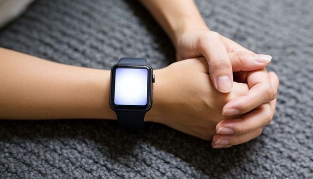 Minimal black smartwatch on resting wrist with clasped hands on cozy gray carpet
