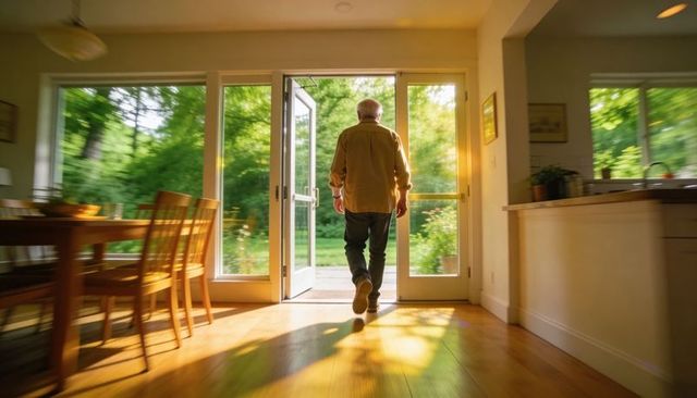 Senior man walking through sunlit door to lush backyard from dining area