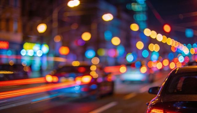 Urban night traffic scene with neon reflections, motion blur, long exposure light trails
