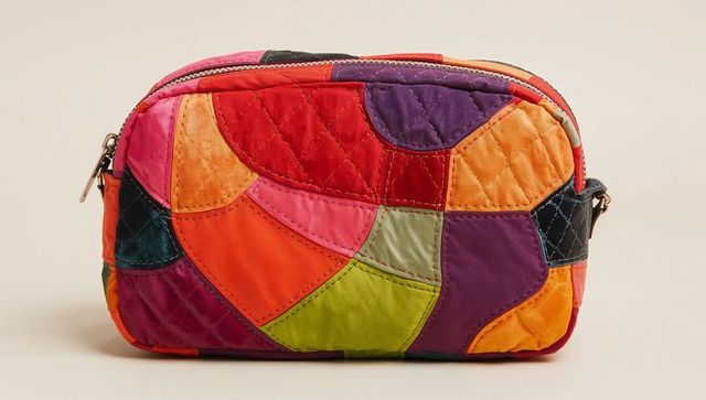 Colorful quilted patchwork cosmetic pouch with metal zipper pull