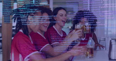 Friends Celebrating at Sports Bar with Tech Overlay