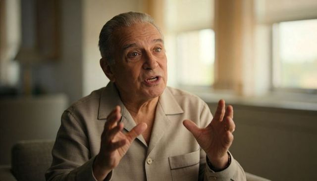 Senior man gesturing and speaking in sunlit living room interview wearing beige jacket