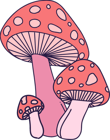 Whimsical cartoon mushrooms with red-spotted pink stems on transparent background
