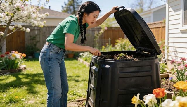 Woman stirring compost in backyard garden, black bin and spring blooms, sustainable living