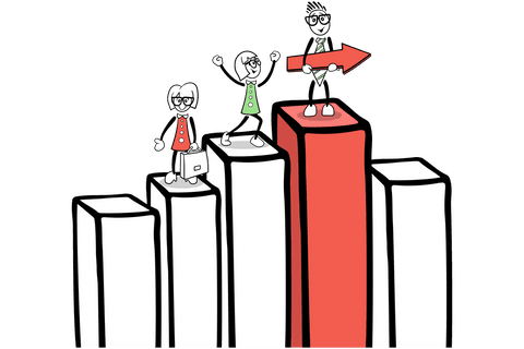 Transparent business growth chart with cartoon figures