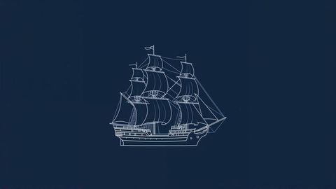 White three-masted sailing pirate ship blueprint on dark blue background