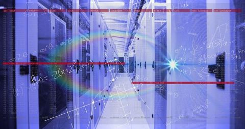 Futuristic server room corridor with digital equations scene