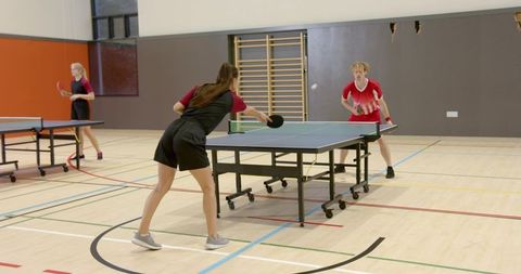 Table tennis teammates practice in gym for competitive training