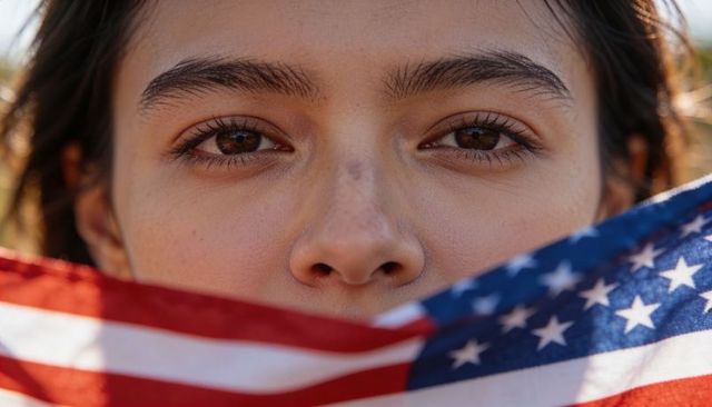 Teen girl holding american flag across face gazing into camera closeup patriotic portrait sunlight