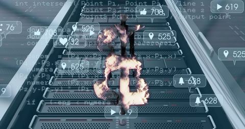 Digital bitcoin symbol over server room glowing through data skewed concept